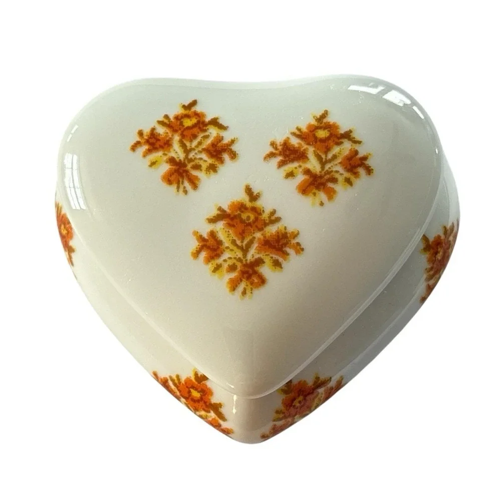 Limoges France Trinket Box Hand Painted Heart Shaped Floral Orange VTG Porcelain